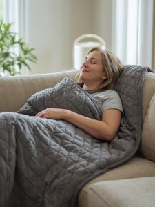 Weighted blanket on woman’s lap while she is laying on a a living room sofa