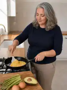 Mujer doblando una tortilla francesa en una sartén de hierro, con espárragos, medio aguacate y dos huevos en la tabla de madera