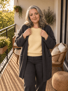 Mujer de pie en el balcon de la cocina, poniendose una rebeca gris antracita sobre un jersey amarillo mantequilla, luz de sol de tarde de finales de octubre, articulo sobre los colores de moda del otono 2026