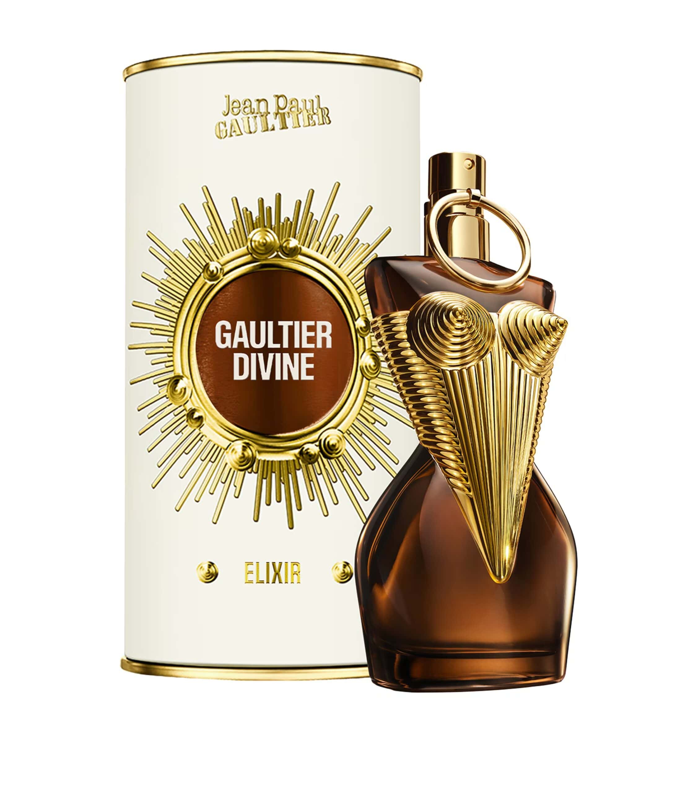 Jean Paul Gaultier Divine Elixir Parfum bottle with amber glass and gold corset design, symbolizing bold femininity and radiant fragrance notes