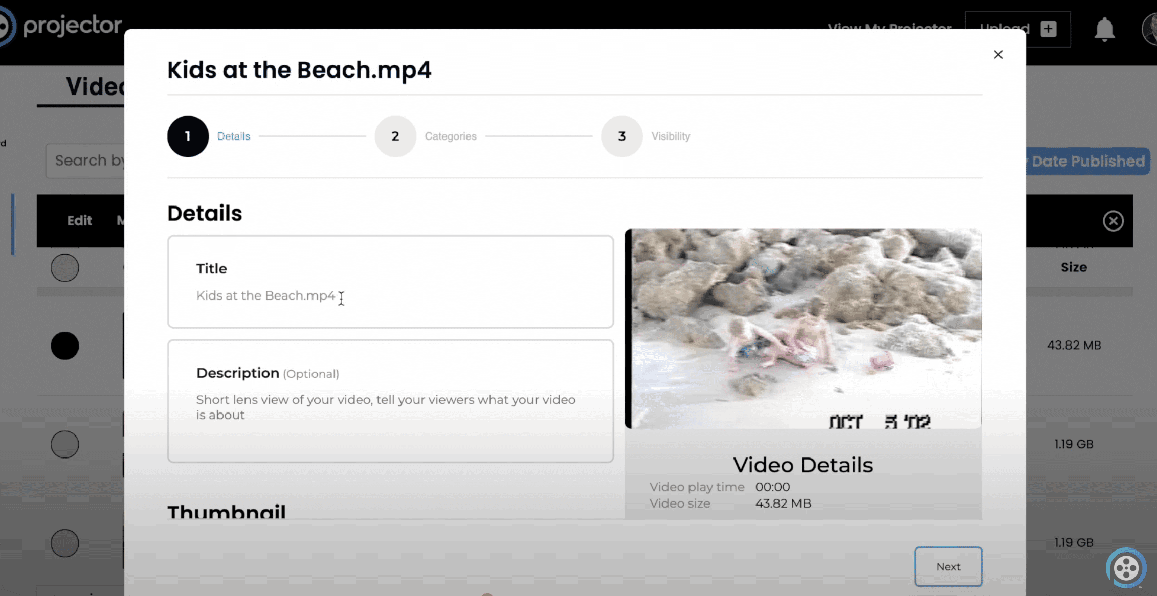 A Content Tab video upload screen displays Kids at the Beach.mp4, with an optional description box and a video preview showing children playing on a rocky beach.
