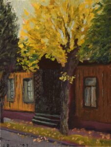 Old wooden house with trees in autumn fall falling leaves oil painting