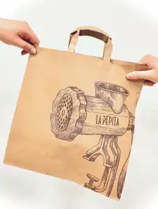 Bolsas de papel Kraft con asa plana personalizadas para el restaurante La Pepita Burger