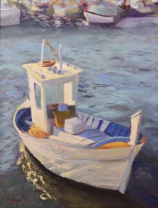 Original oil painting of a small boat in Santa Teresa di Gallura port in Sardinia with blue water and Mediterranean harbour light