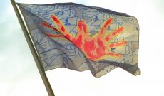 Wünsche und Warnungen im Wind, Düsseldorf, 1996. Am Ratinger Tor: Autostau, 2 x 2,5 m