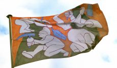 Wishes and Warnings in the Wind, Flag installation, Dusseldorf 1996. Here: Mining Dwarfs (at the 'NRW Forum')