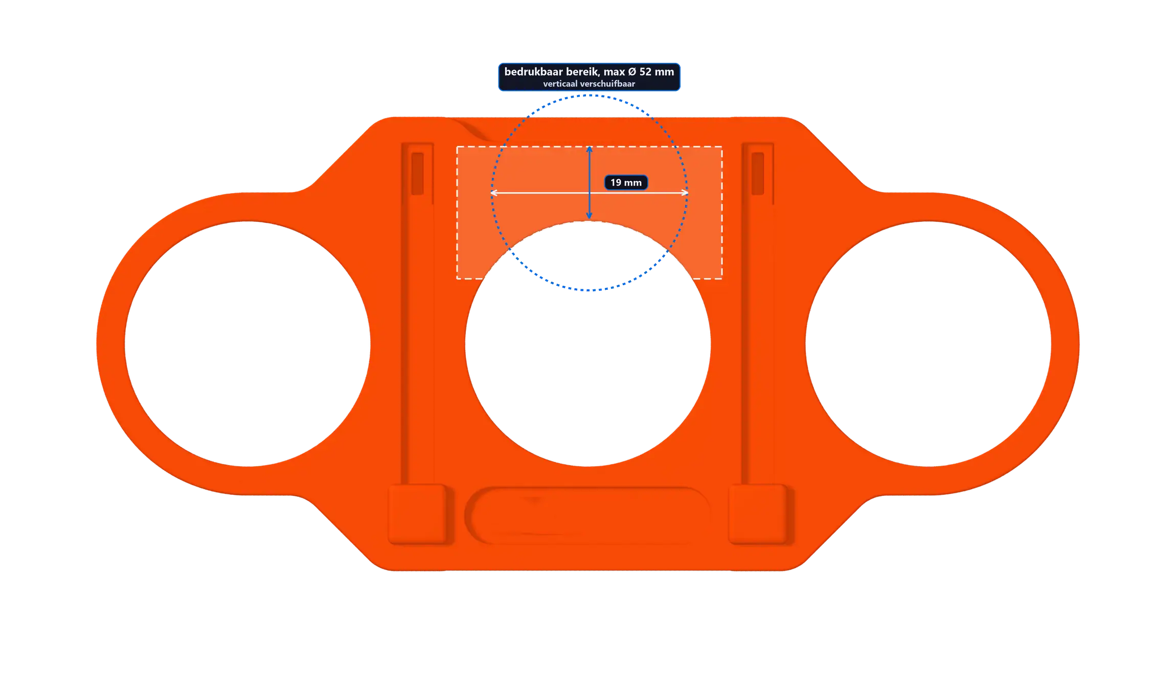 Schema van de standaard print: eenkleurig rond logo van maximaal Ø52 mm, gecentreerd op het personalisatievlak