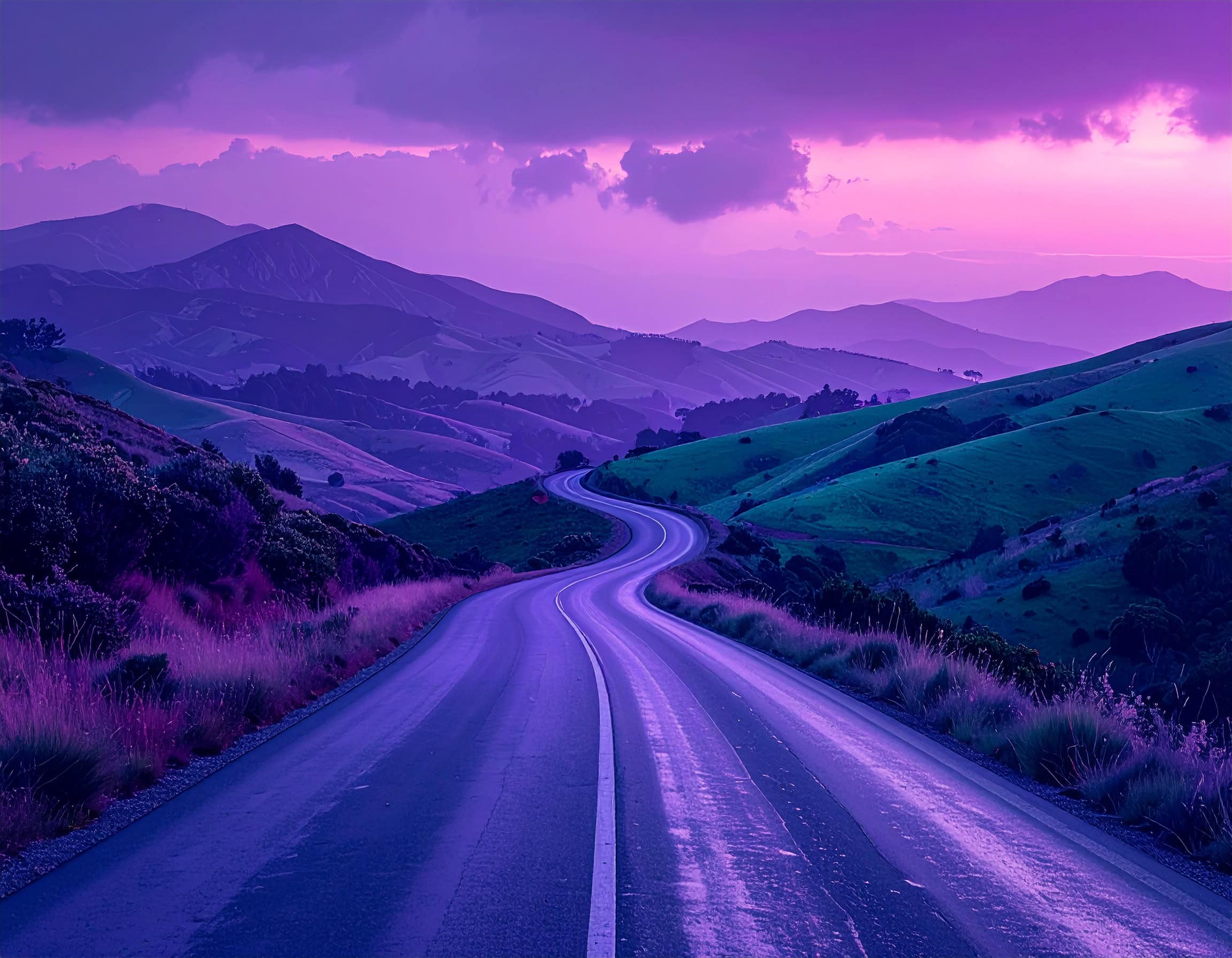long tail keywords represented by a long winding road against a purple and teal themed hilly landscape