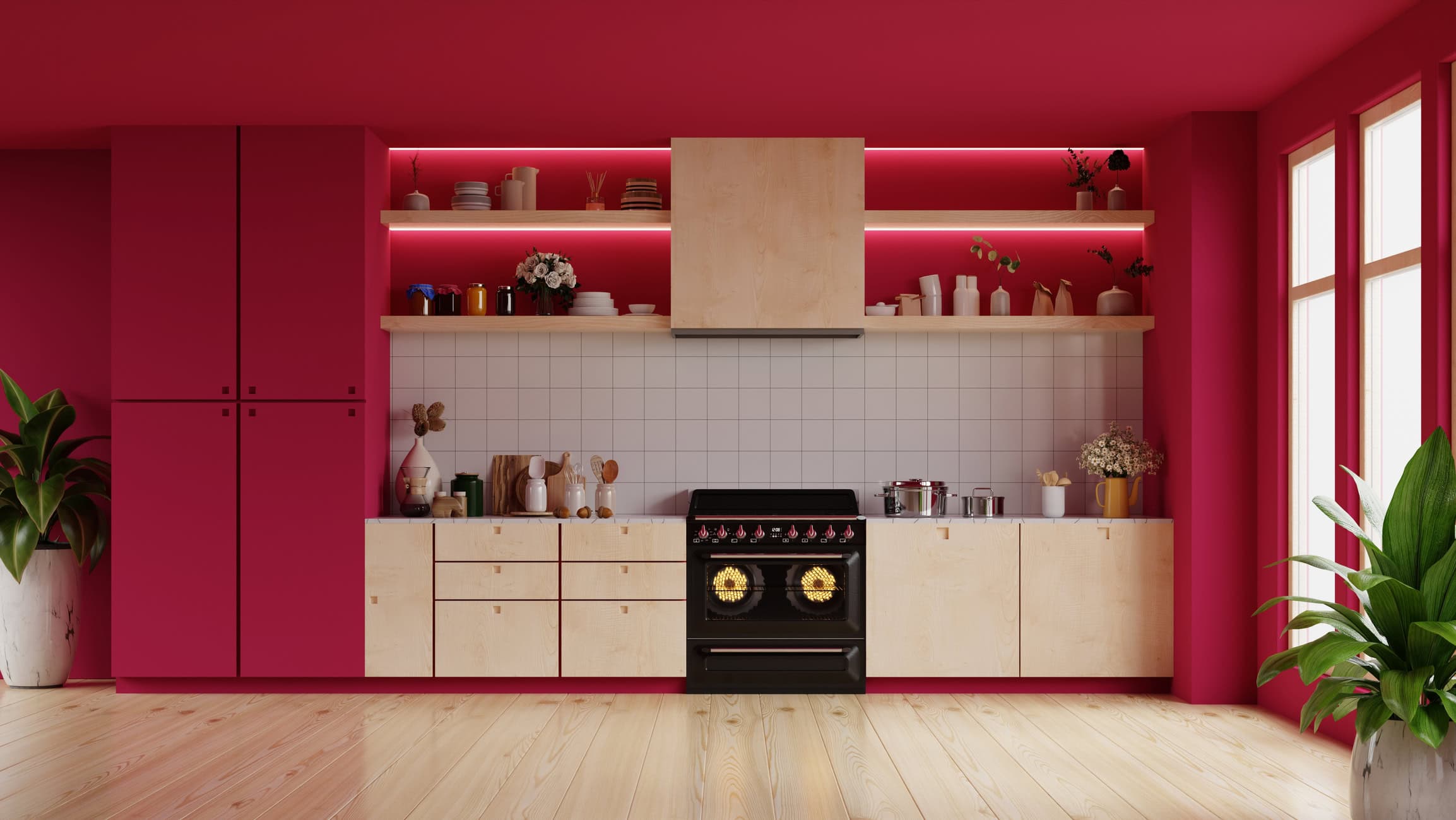 Modern style kitchen interior design with viva magenta wall background. Modern style kitchen interior design with viva magenta wall background.