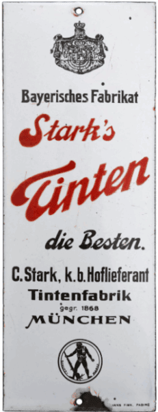 Extrem seltenes, emailliertes  Türschild mit Reklame für Stark's Tinten, königlich bayerischer Hoflieferant, um 1910. (Bild: Pari Auktionen)