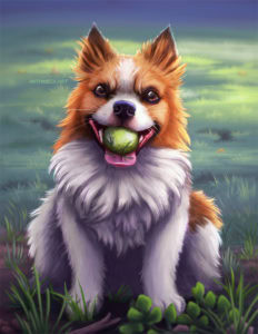 Realistic painted dog holding ball.