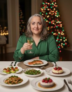Mujer brindando con una copa en una mesa de Navidad con salmón, ensalada y postres, con el árbol iluminado al fondo