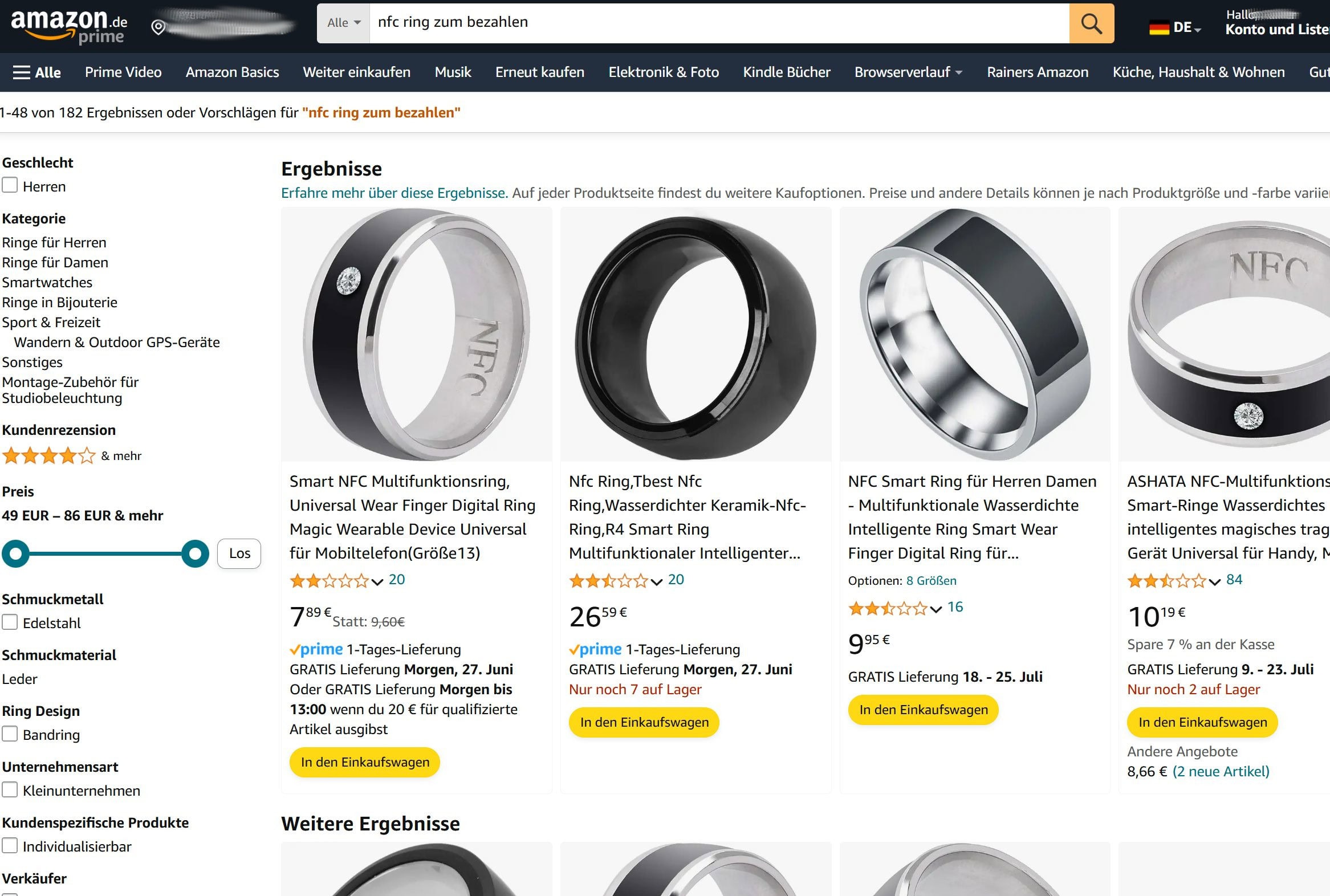 Jede Menge NFC-Ringem, aber kein einziger Bezahlring (Screenshot Amazon)