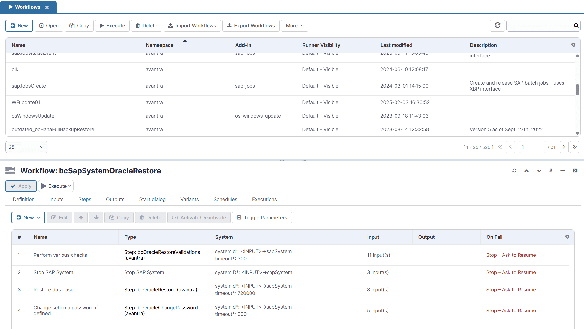 Screenshot of an infrastructure automation interface. The top section shows a list of workflows like 'sapJobsCreate' and 'osWindowsUpdate'. The bottom section details a specific workflow named 'bcSapSystemOracleRestore' with four steps: Perform various checks, Stop SAP System, Restore database, and Change schema password.
