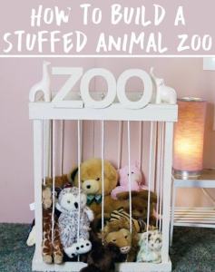 Colorful stuffed animals in a display cage with 