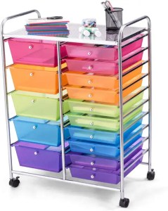 Colorful plastic storage drawers on metal rolling cart, organized office or craft supplies, vibrant organizational solution for home or workspace.