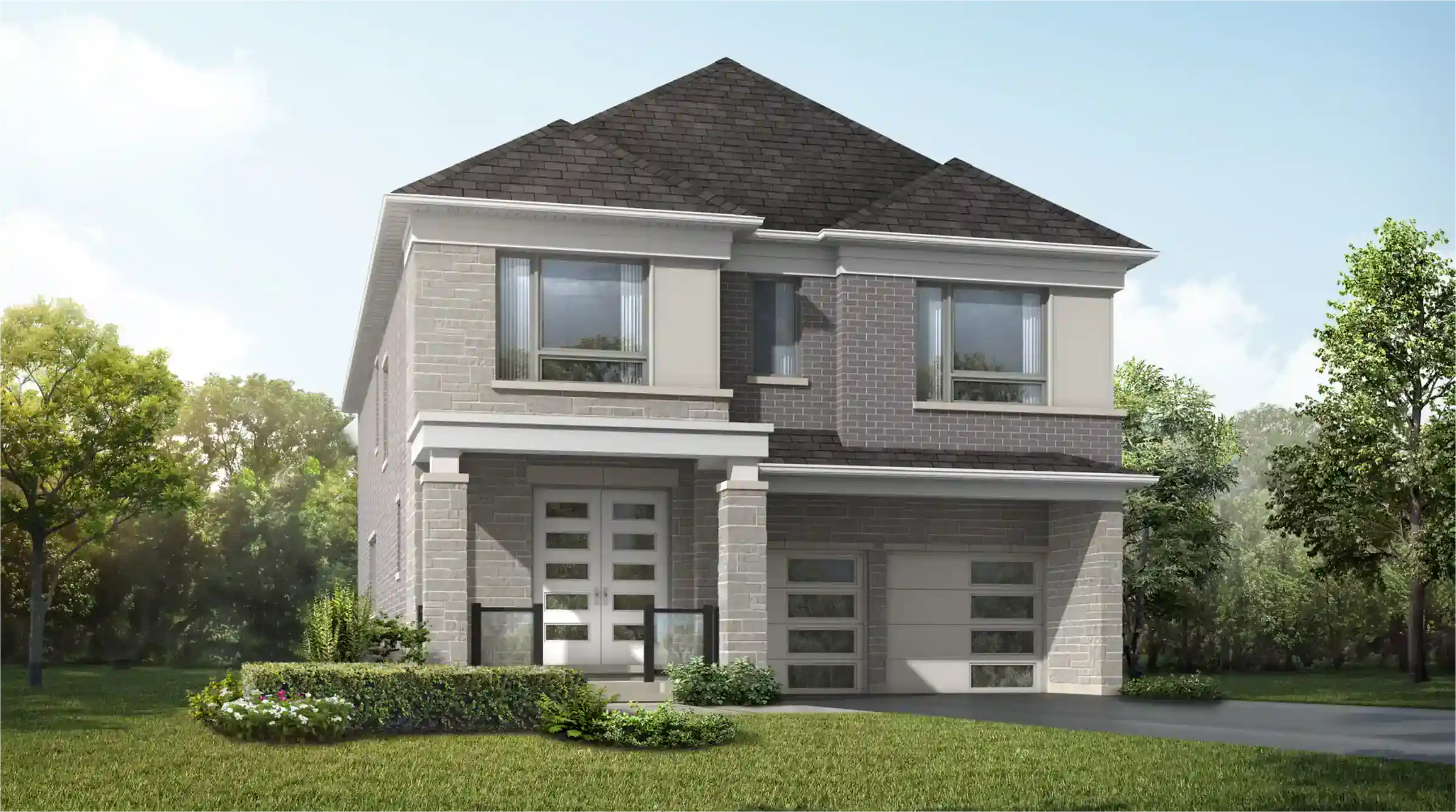 Modern two-story detached house with a double car garage in the Springwater community by Mattamy Homes, showcasing a contemporary grey stone and brick exterior under a dark roof.