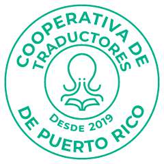 The seal of Traducoop, a translation services cooperative based in Puerto Rico. The seal features an octopus in the center, reading a book.