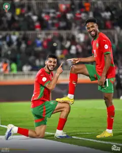 alt)= Maroc bat la Zambie 3-1. Oussama Lamlioui et Youssef Mehri célébrant le 2e but Marocain. 