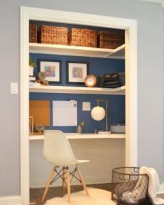 Cozy home office nook with organized shelves, stylish decor, and functional workspace setup, ideal for remote work or studying.