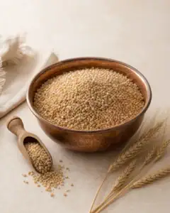 Bakır kâsede dövülmüş buğday göce taneleri, ahşap kaşık ve buğday başakları