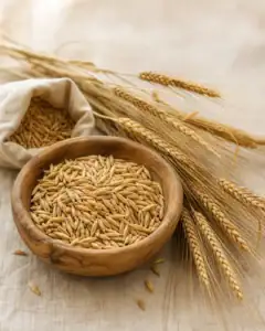 Uzun kılçıklı altın renkli siyez başakları ve ahşap kâsede kabuklu siyez taneleri