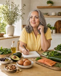 Mujer tomando notas en un cuaderno en la cocina, rodeada de aguacates, huevos, salmón, frutos secos y aceite de oliva