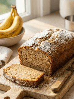 A loaf of moist banana bread without brown sugar on a wooden cutting board