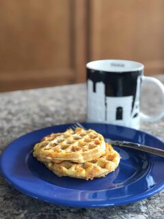 Keto Bacon, Egg, & Cheese Chaffles are so easy - mix the ingredients, add them to the waffle maker, cook for 2:30 and it's done!