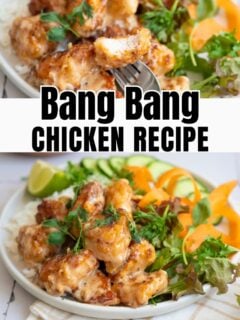 Try this Bang Bang Chicken recipe! A crispy Bang Bang Chicken bowl with a creamy Bang Bang Chicken sauce and fresh rice.