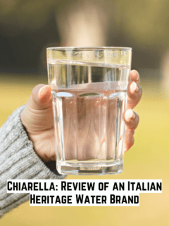 Blog post title card reading 'Chiarella: Review of an Italian Heritage Water Brand' over an image of a hand holding a glass of water.