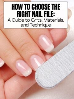 A close-up of a manicured hand with neutral polish being filed, featuring the title 