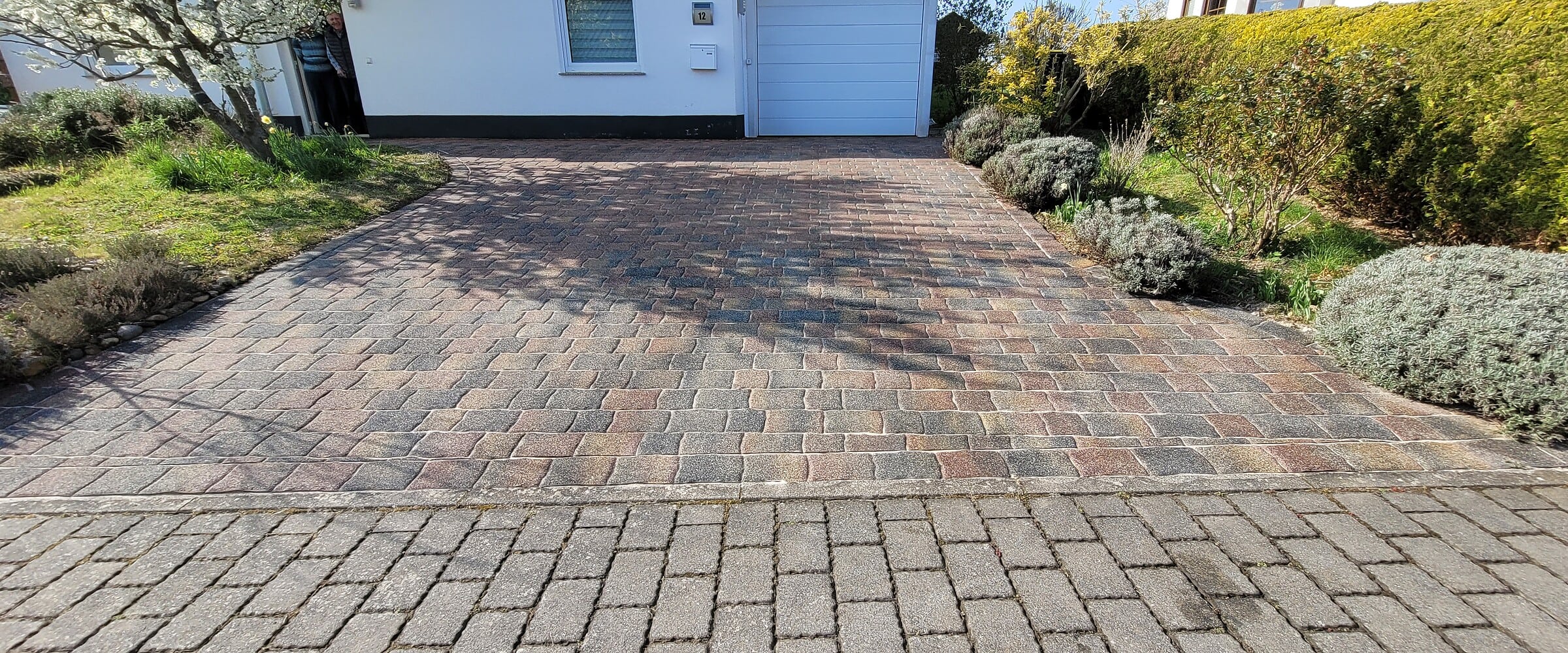 Gereinigte Pflasterfläche: Vorher-Nachher Effekt auf einer Terrasse. Professionelle Reinigung für ein sauberes Zuhause.