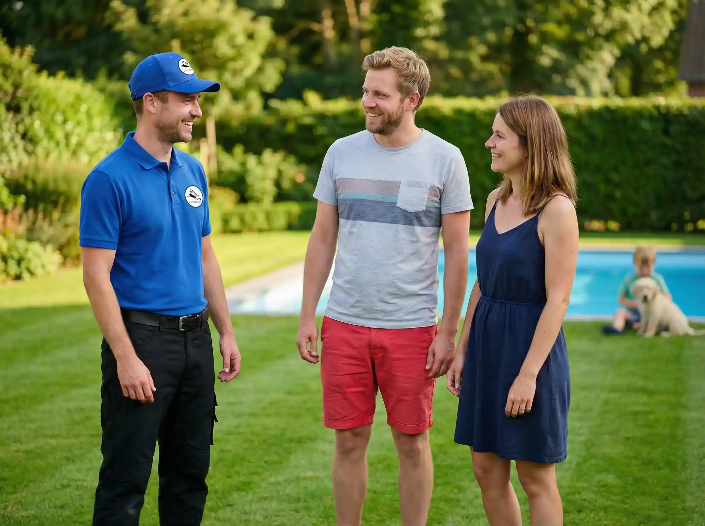 Un tecnico sorridente in divisa blu con logo aziendale parla con una giovane coppia in un giardino curato con piscina. Sullo sfondo si vede un bambino che gioca con un cane sul prato, comunicando un senso di sicurezza e serenità familiare.