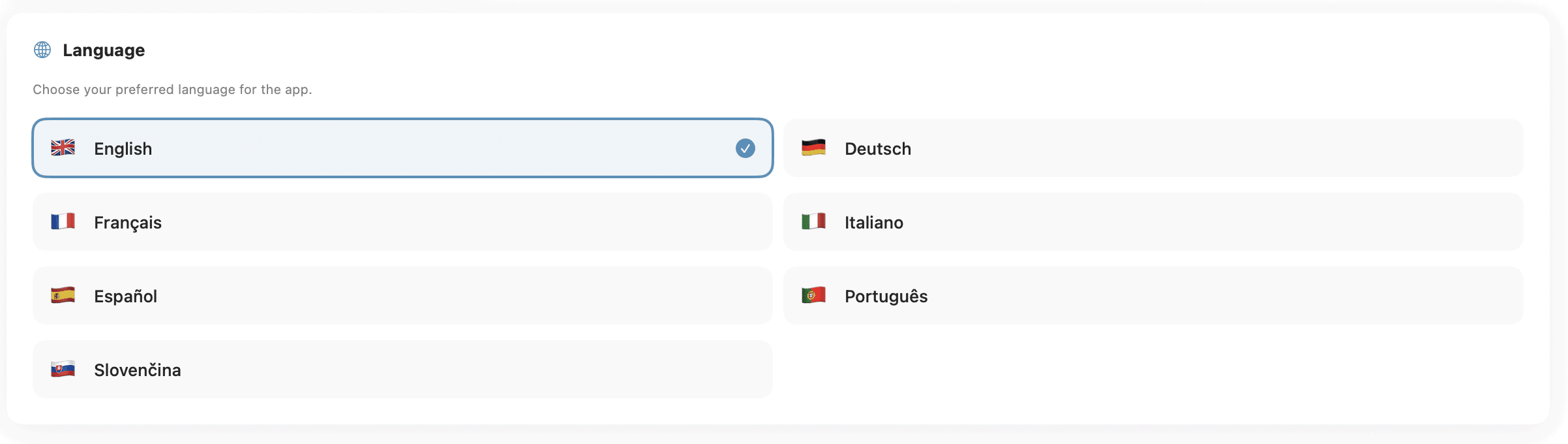 Chronokura Mac app language settings showing 7 supported languages: English, German, French, Italian, Spanish, Portuguese, and Slovak
