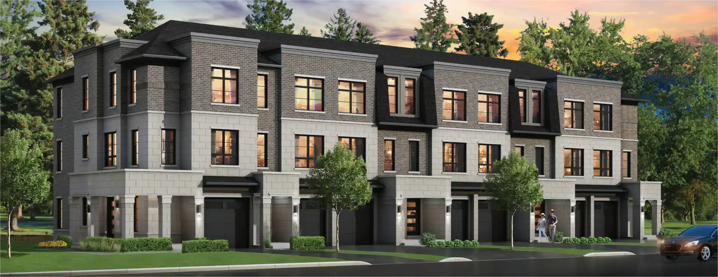 Exterior rendering of Whitehorn Woods modern townhomes featuring grey brick and light stone facades, black-framed windows, and private garages under a sunset sky.
