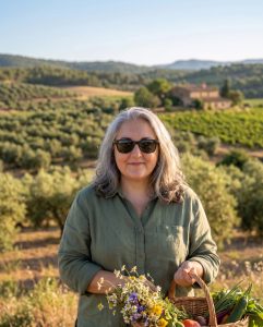 Mujer con gafas de sol y camisa verde sosteniendo un cesto de flores silvestres en un campo de olivos