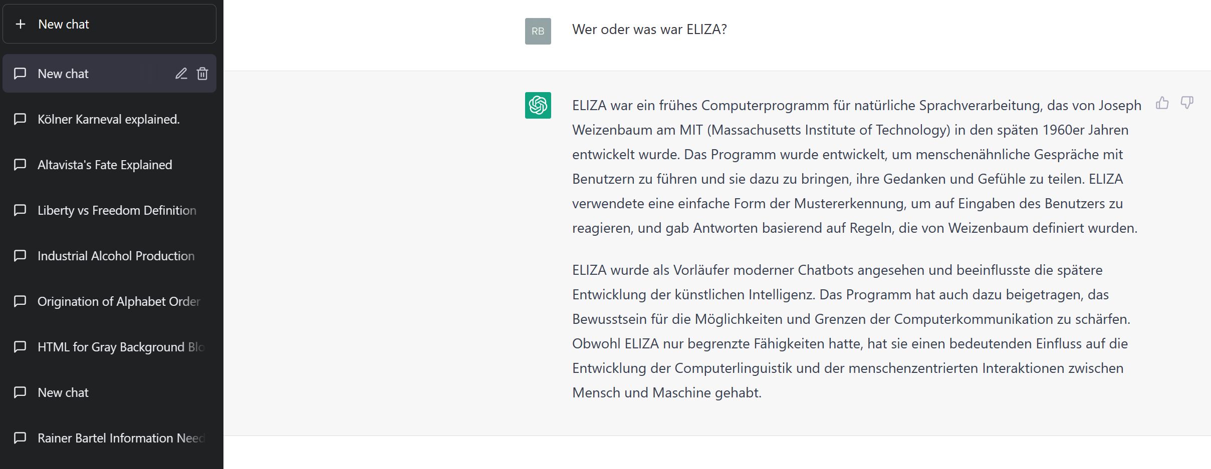Und das erzählt ChatGPT über ELIZA (Screenshot)