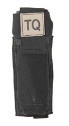 Black tourniquet pouch with belt clip and a tan 'TQ' label visible on top surface.