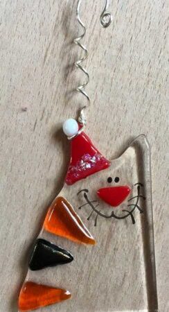 Santa cat fused glass