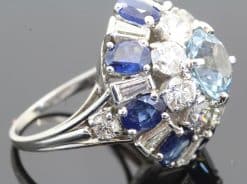 Alternative view of Aqua, Sapphire and Diamond Cluster Ring