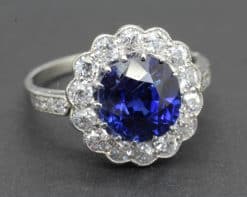 Burma sapphire and diamond cluster ring