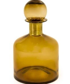 Large Brown Glass Apothecary Bottle with Brass Neck