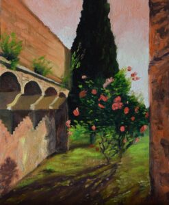 Villa a Tolli Rose Garden original Tuscany oil painting by Andrea Bocedi, 28 x 35 cm