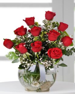 kırmızı gül cam fanus Ankara 11 gül yeşillik aranjman