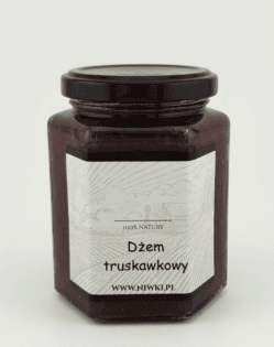 Jar of strawberry jam with a black lid and a white label showing 'Dżem truskawkowy'