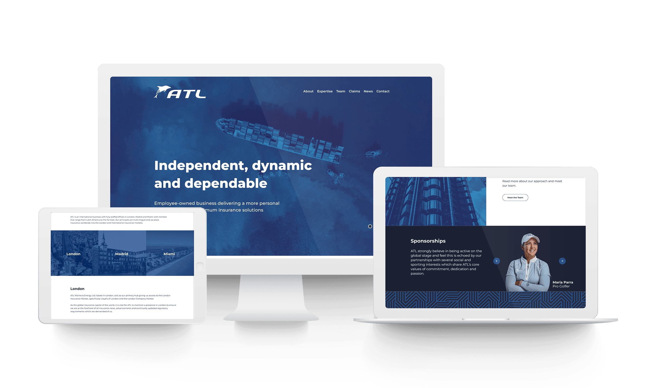 ATL Insurance Website on White Devices Showing Mobile Developemnt Optimisation on Tablet, Laptop and Desktop