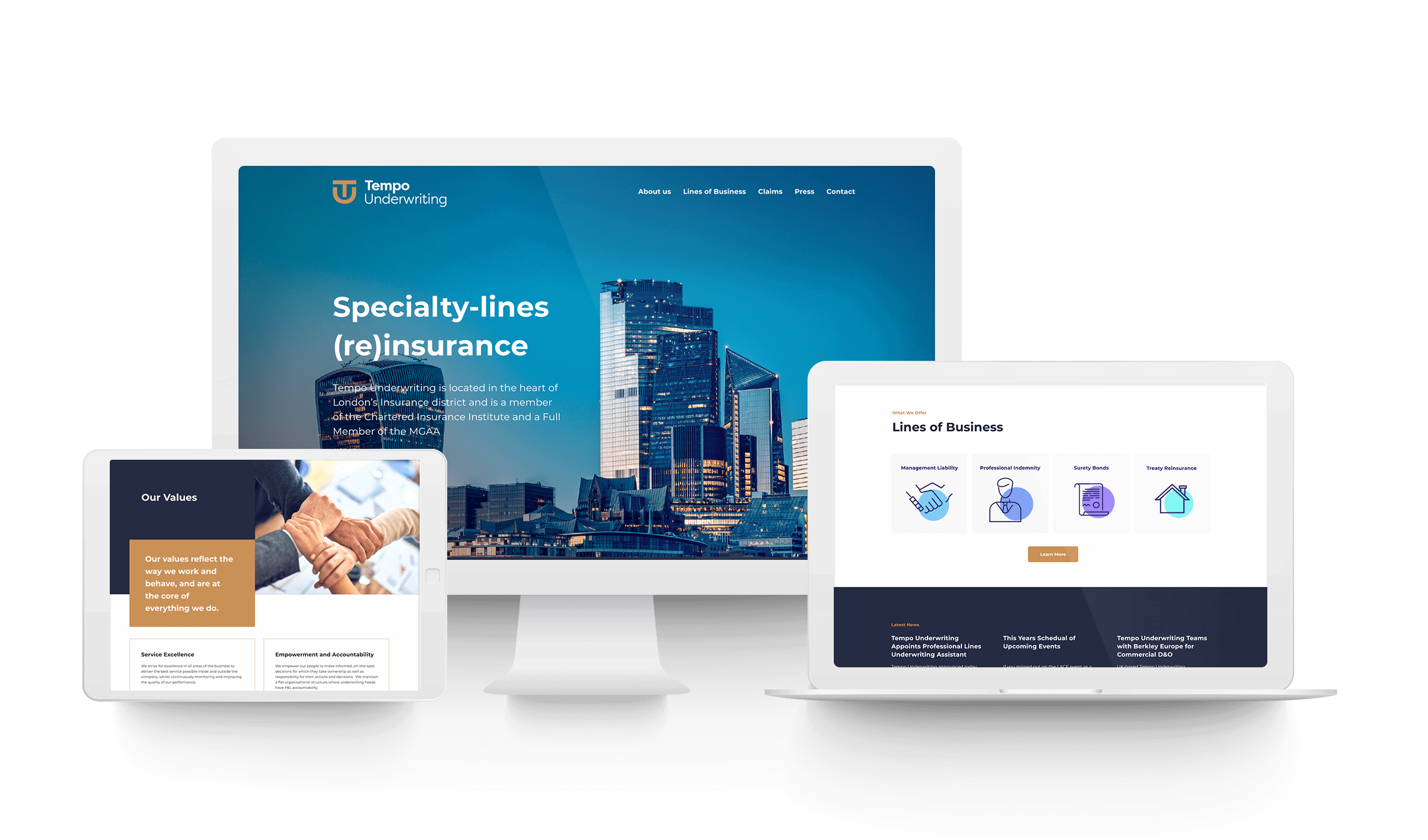 Tempo Underwriting Website on White Devices Showing Mobile Developemnt Optimisation on Tablet, Laptop and Desktop