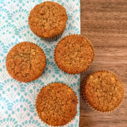 einkorn banana muffins on a turquoise placemat