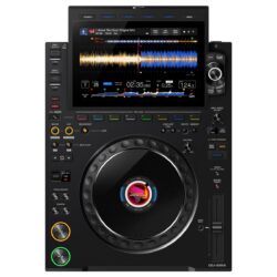 ALPHATHETA CDJ-3000X PROFESSIONAL DJ MULTIPLAYER SHOWING THE LARGE CENTER JOG WHEEL,DISPLAY SCREEN AND PERFORMANCE CONTROLS.